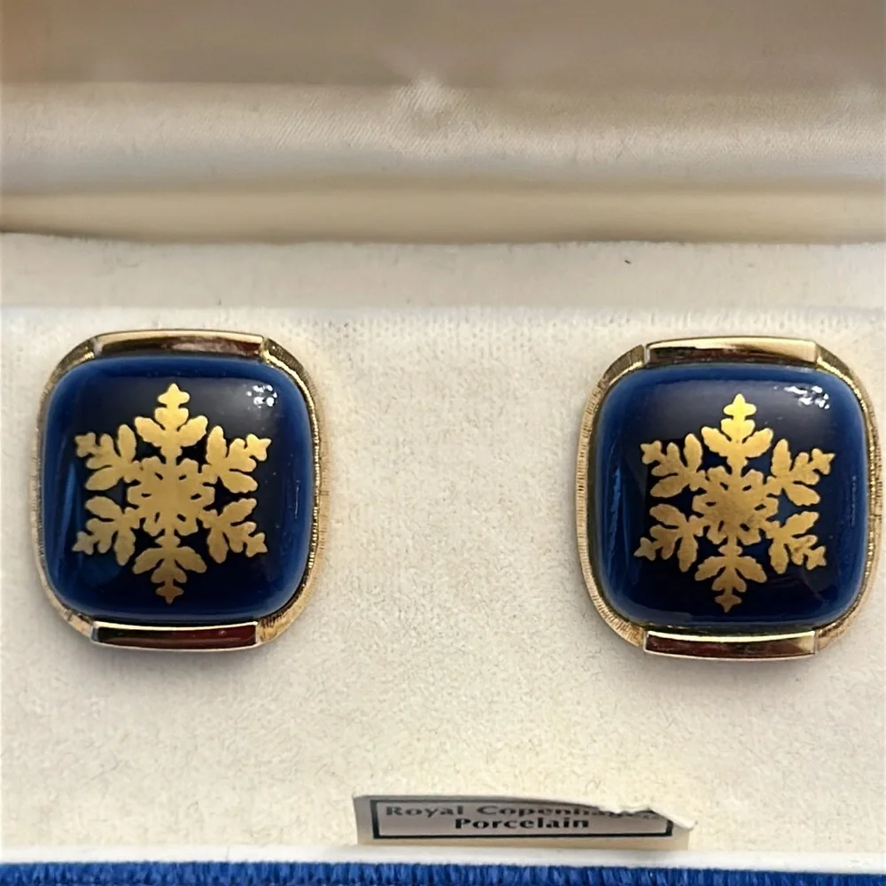 Vintage Royal Copenhagen Porcelain Cufflinks with Blue and Gold Snowflake Design